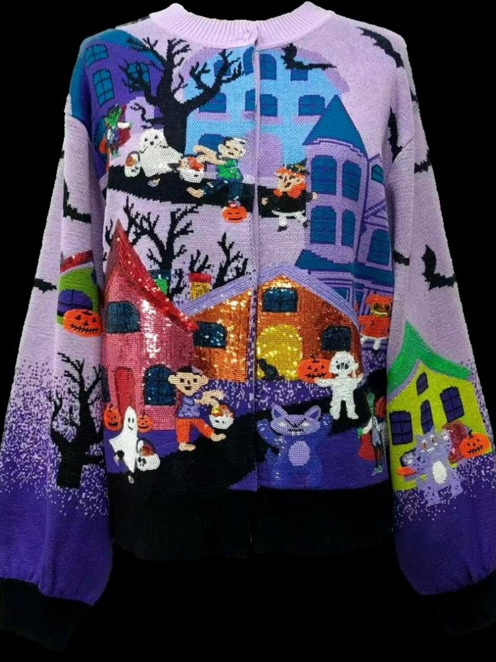 NWT Queen of Sparkles Lavender Multi Trick or Treating Scene Cardigan - Picture 6 of 7
